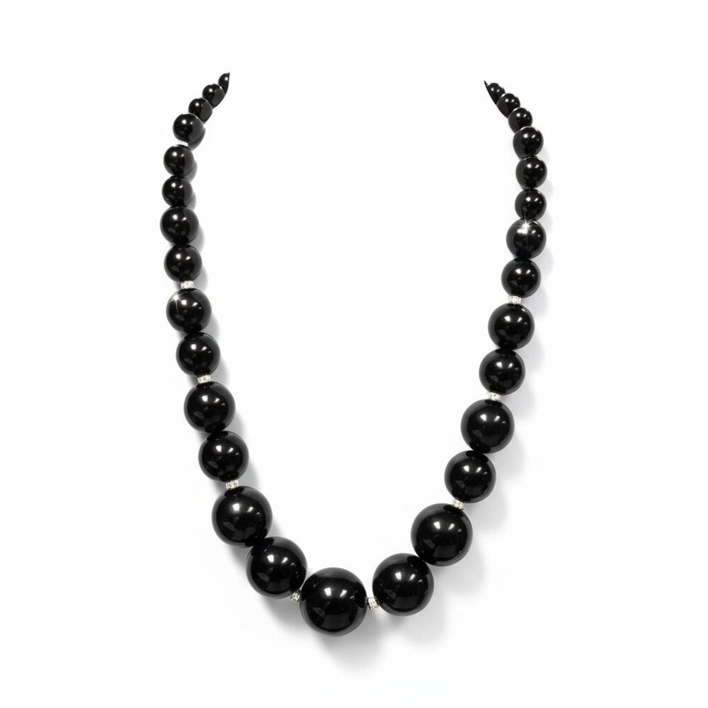 Black Lucite Bead Small Silver Tone Bead Gradual Necklace